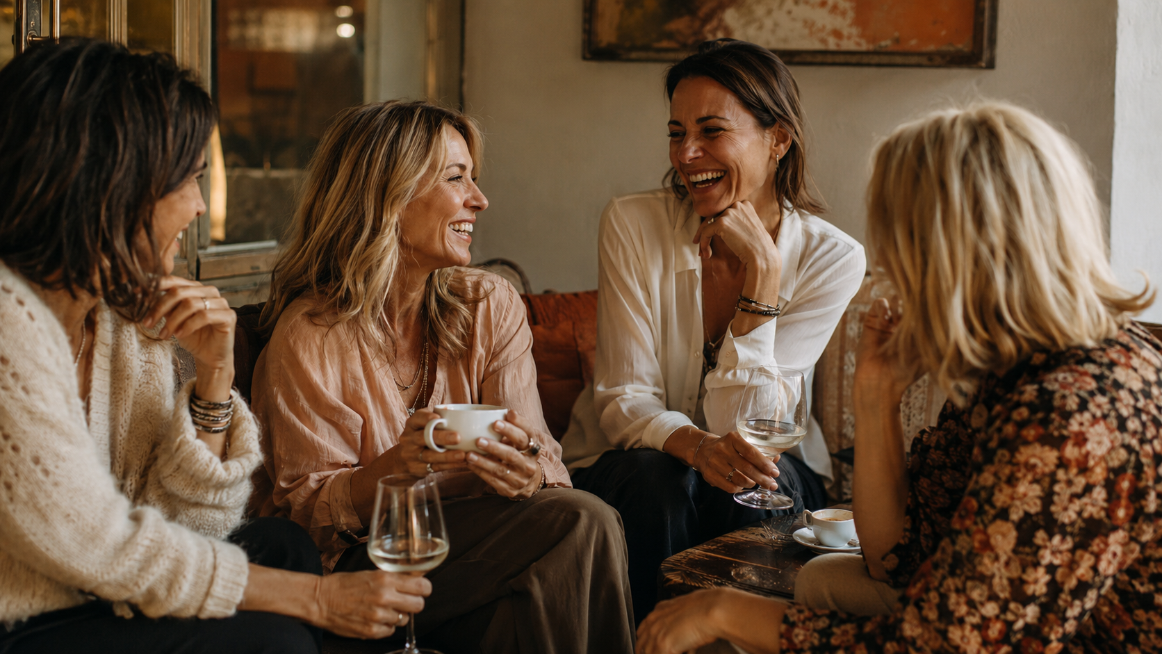 Vier Frauen Mitte 40 lachen zusammen bei Kaffee und Wein